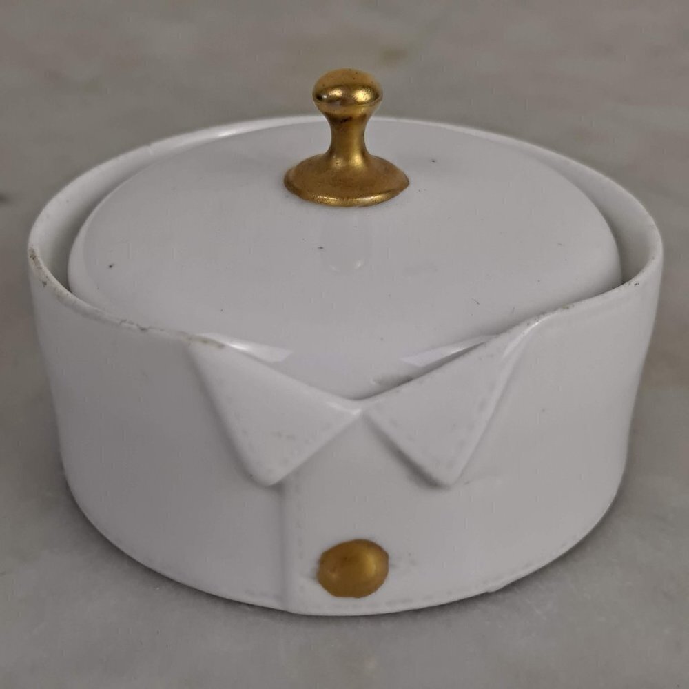 R & S Germany Cream Colored Button Box Gold Accent Removable Lid Porcelain